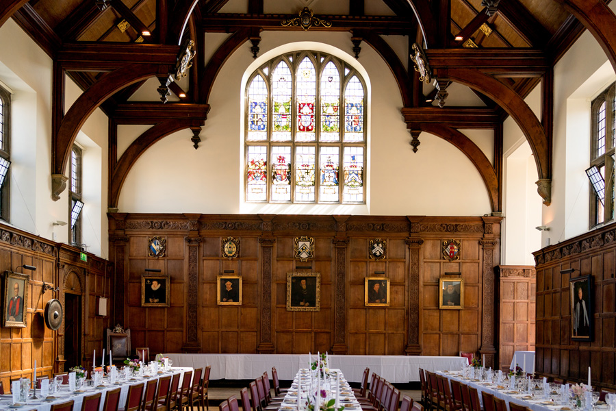 Wedding reception in the dining hall at Gonville and Caius College, Cambridge