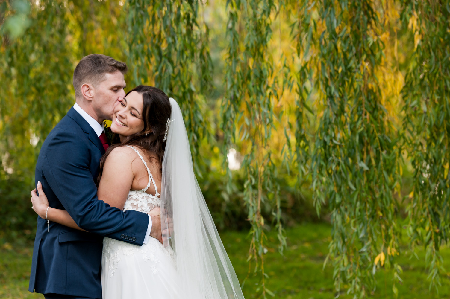 Couple hugging under a willow tree