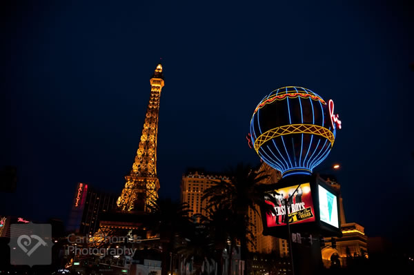 The Eiffel Tower at night on the Las Vegas Strip