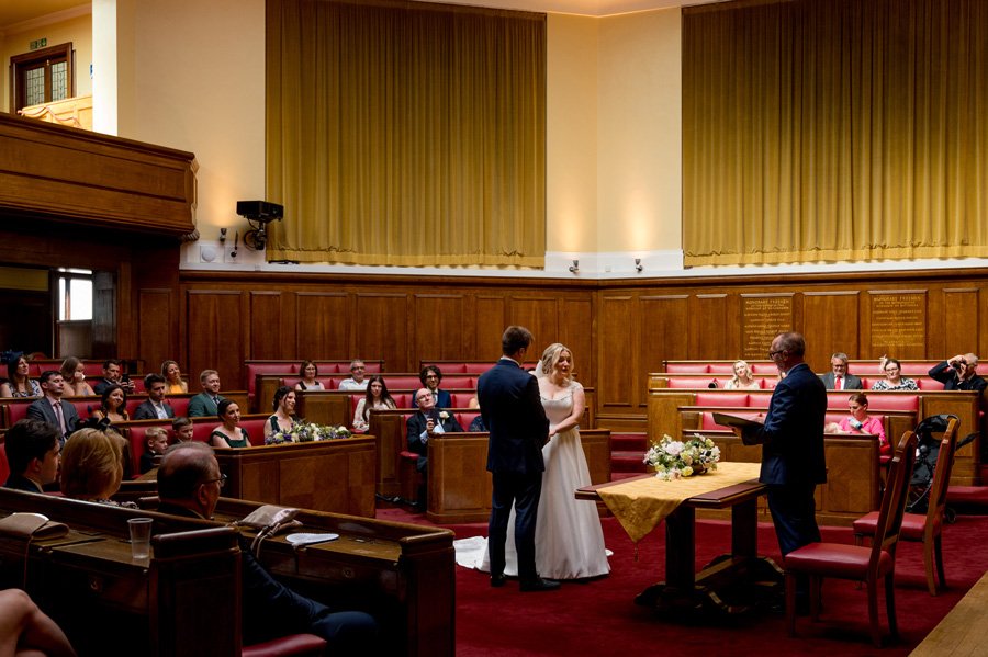 Interior of a Town Hall ceremony room set for a wedding