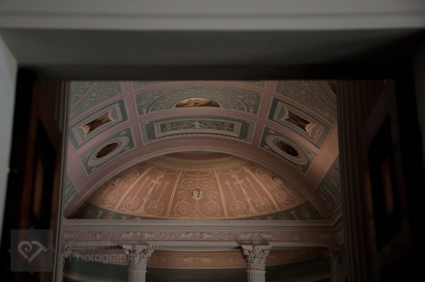 View of the library ceiling from the door