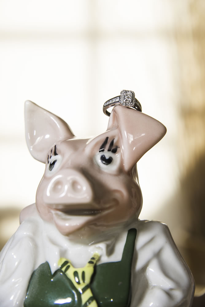 Engagement rings on piggy bank