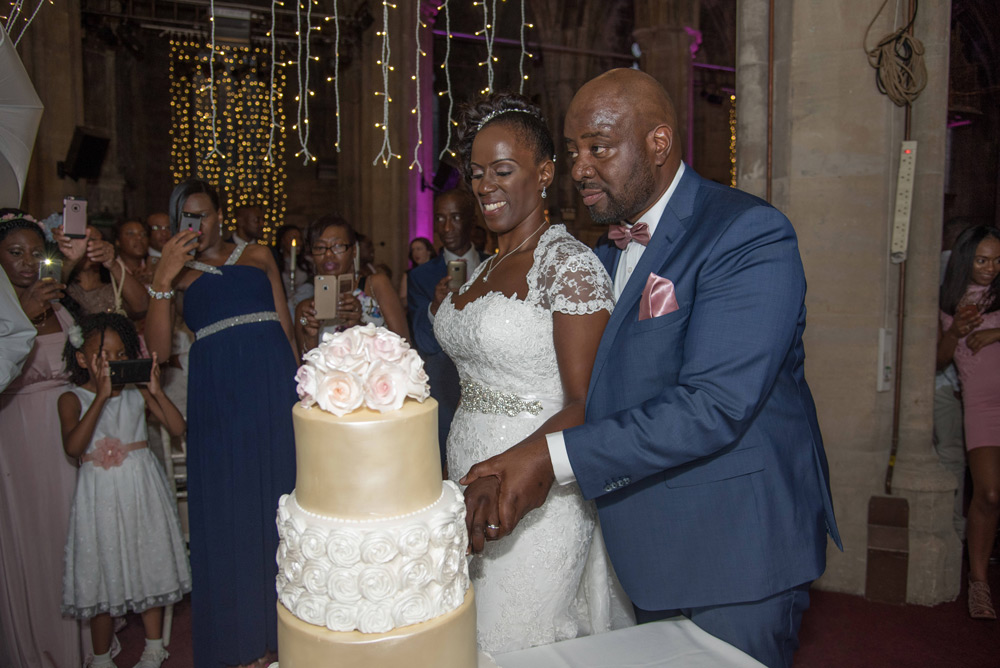 bride and groom cutting the cake