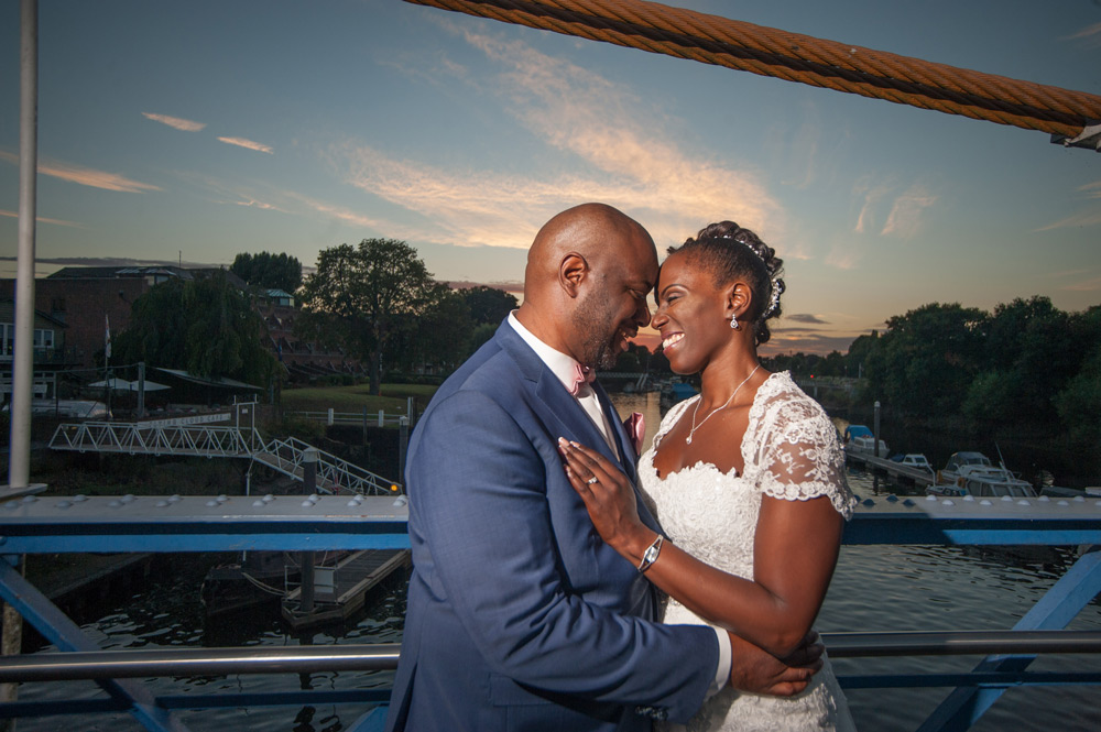 Couple on the bridge art sunset