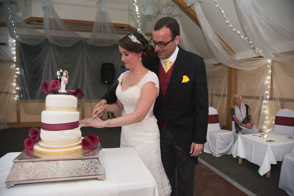 Bride and groom cutting wedding cake